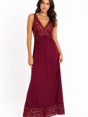 Montelle Women's Burgundy Lace Nightgown Maxi Chemise Sleeveless Lingerie- Small